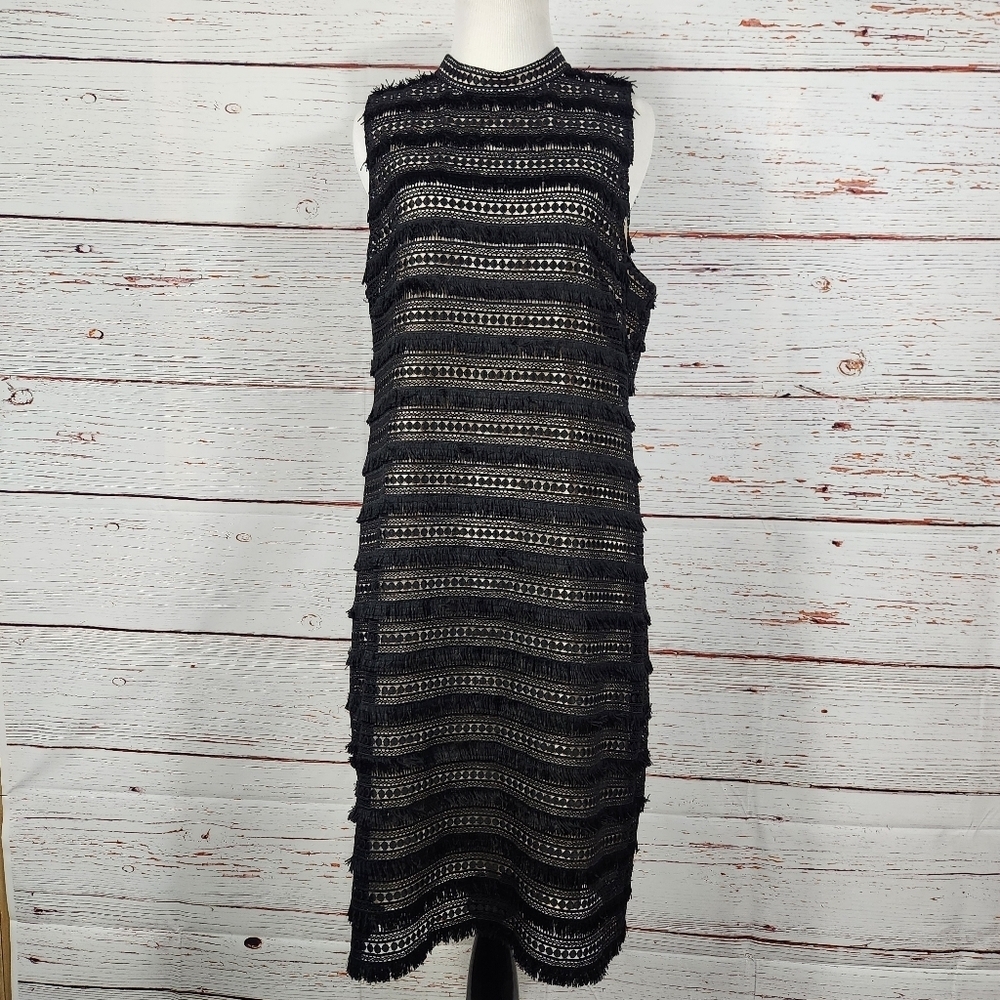 J. CREW Black And Nude Fringe Lace Sheath Dress Size 10 Tall - Picture 2 of 9